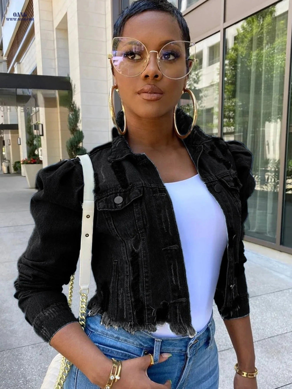 OAXG Women's Ripped Denim Jacket - Casual Cropped Puff Sleeve Coat   OAXG 