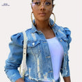 OAXG Women's Ripped Denim Jacket - Casual Cropped Puff Sleeve Coat   OAXG 