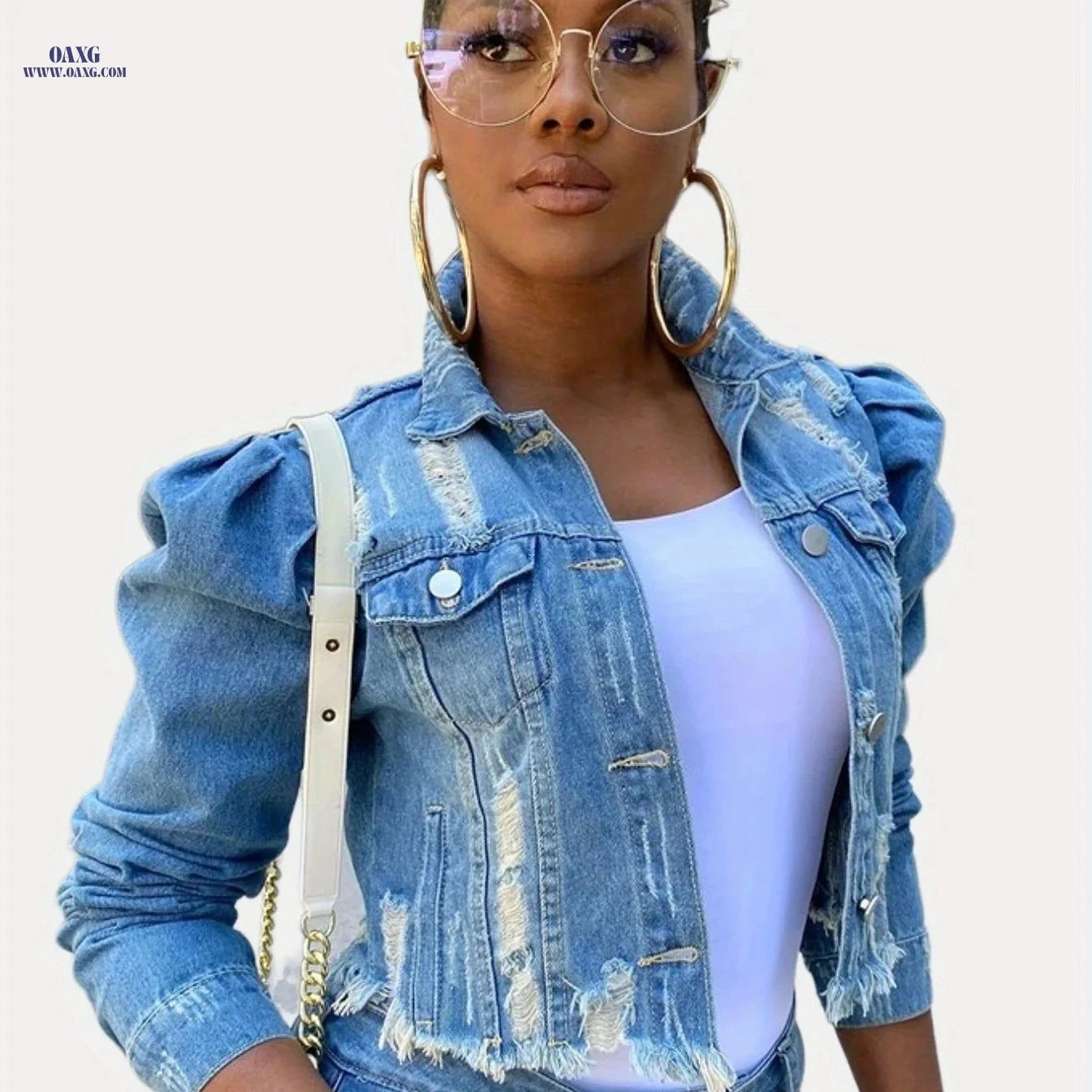 OAXG Women's Ripped Denim Jacket - Casual Cropped Puff Sleeve Coat   OAXG 