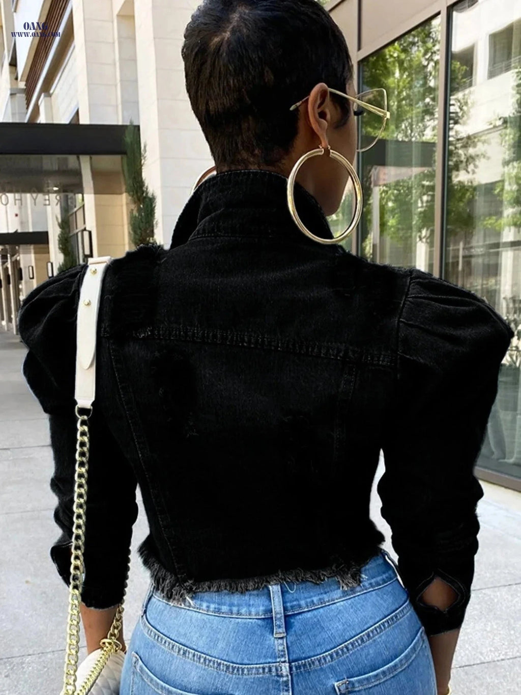 OAXG Women's Ripped Denim Jacket - Casual Cropped Puff Sleeve Coat   OAXG 