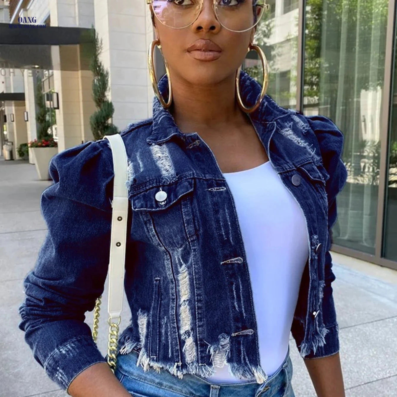 OAXG Women's Ripped Denim Jacket - Casual Cropped Puff Sleeve Coat   OAXG 