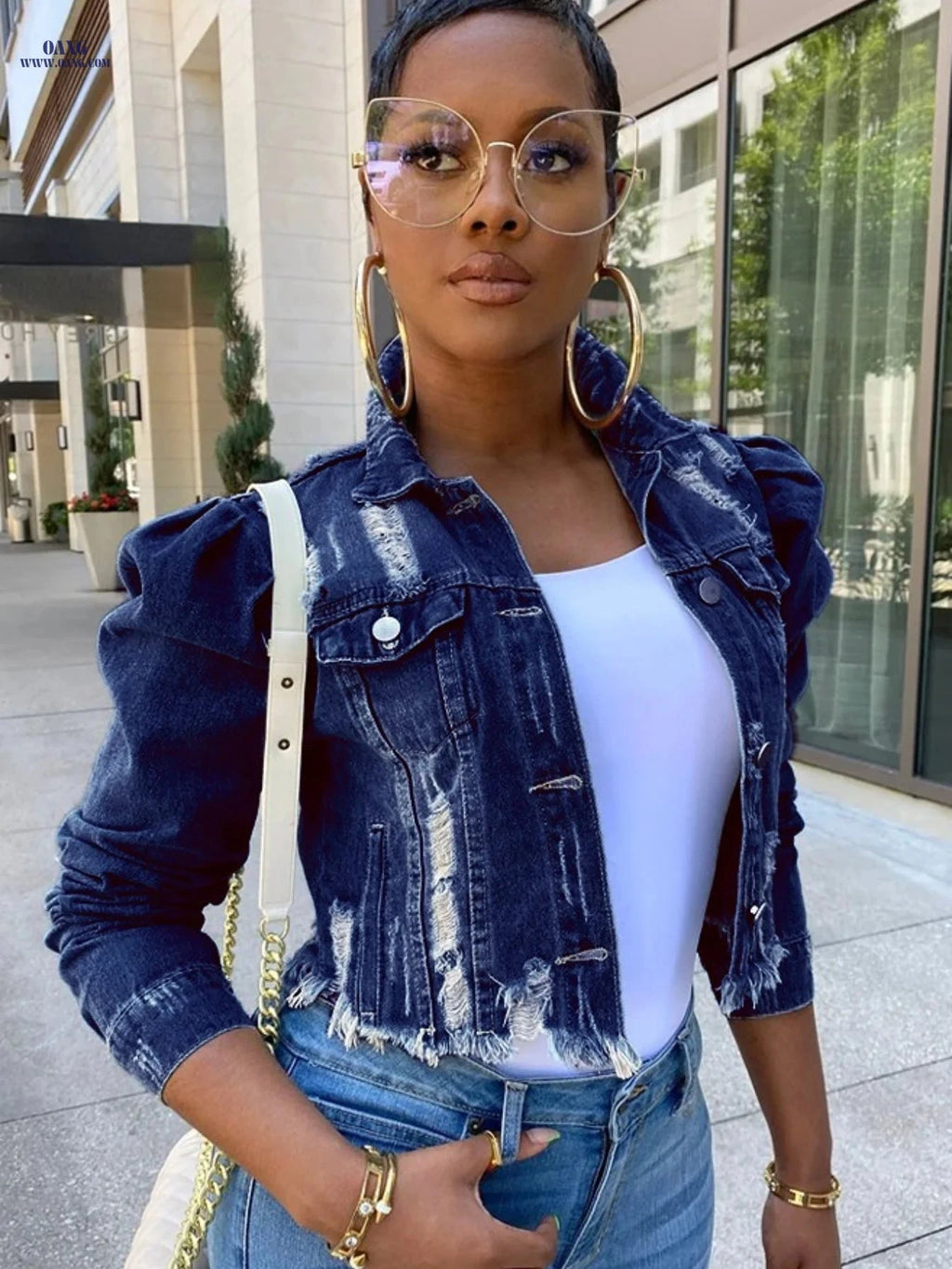 OAXG Women's Ripped Denim Jacket - Casual Cropped Puff Sleeve Coat   OAXG 