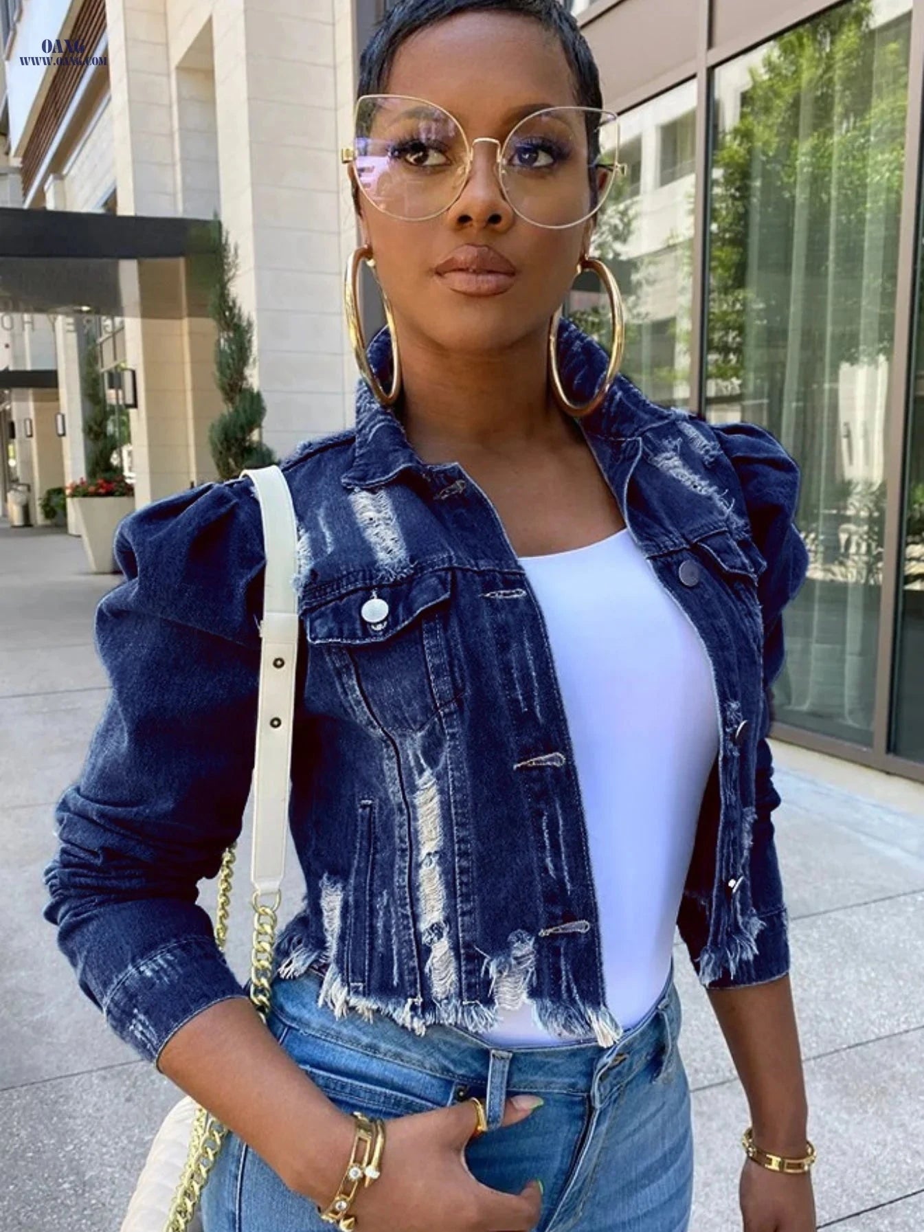 OAXG Women's Ripped Denim Jacket - Casual Cropped Puff Sleeve Coat   OAXG 