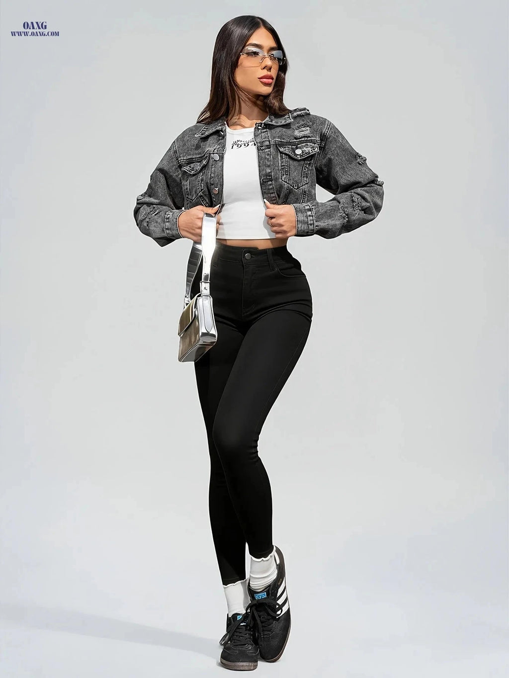 OAXG Women's Ripped Denim Jacket - Long Sleeve, Raw Hem Style   OAXG 