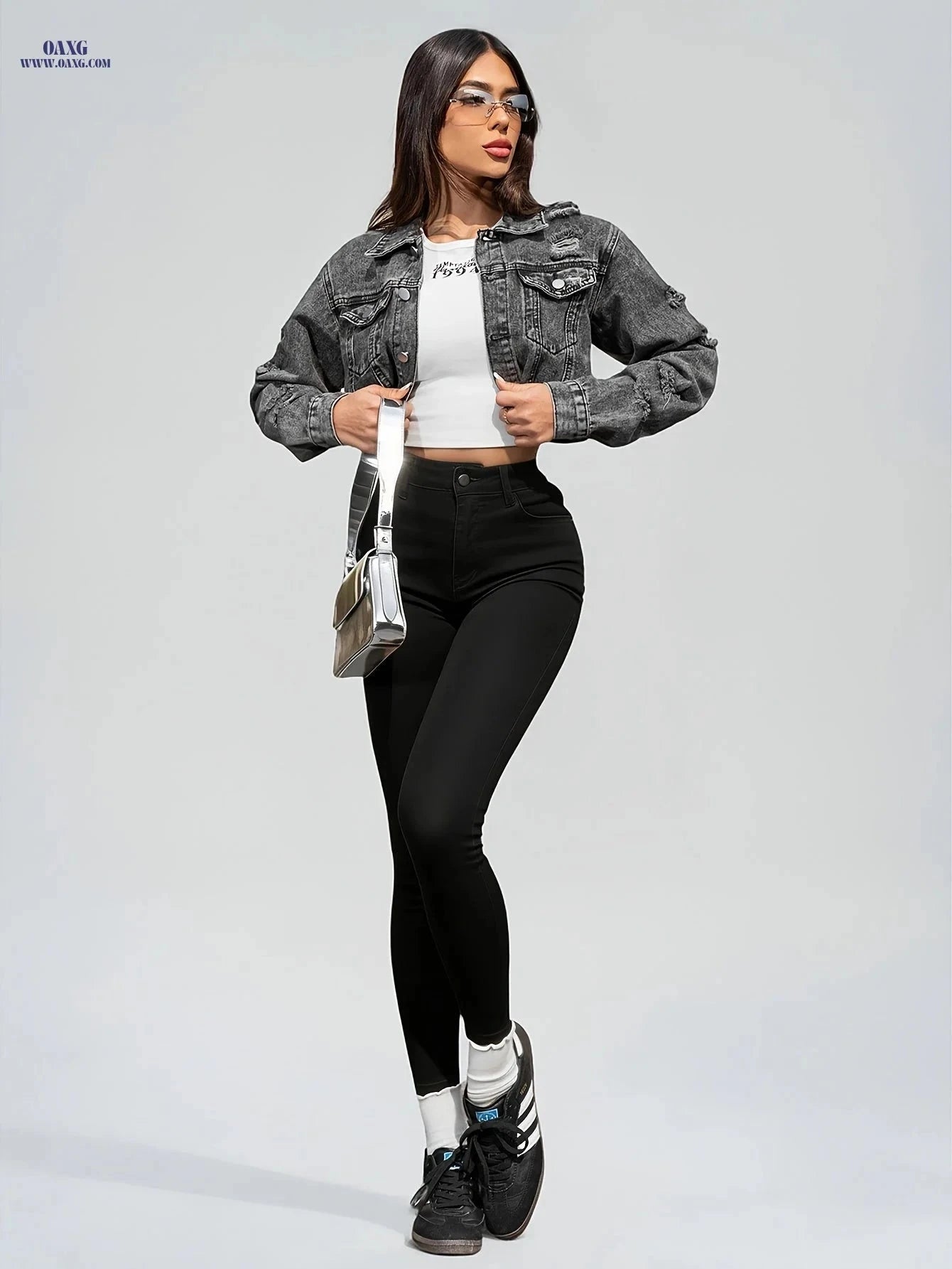 OAXG Women's Ripped Denim Jacket - Long Sleeve, Raw Hem Style   OAXG 
