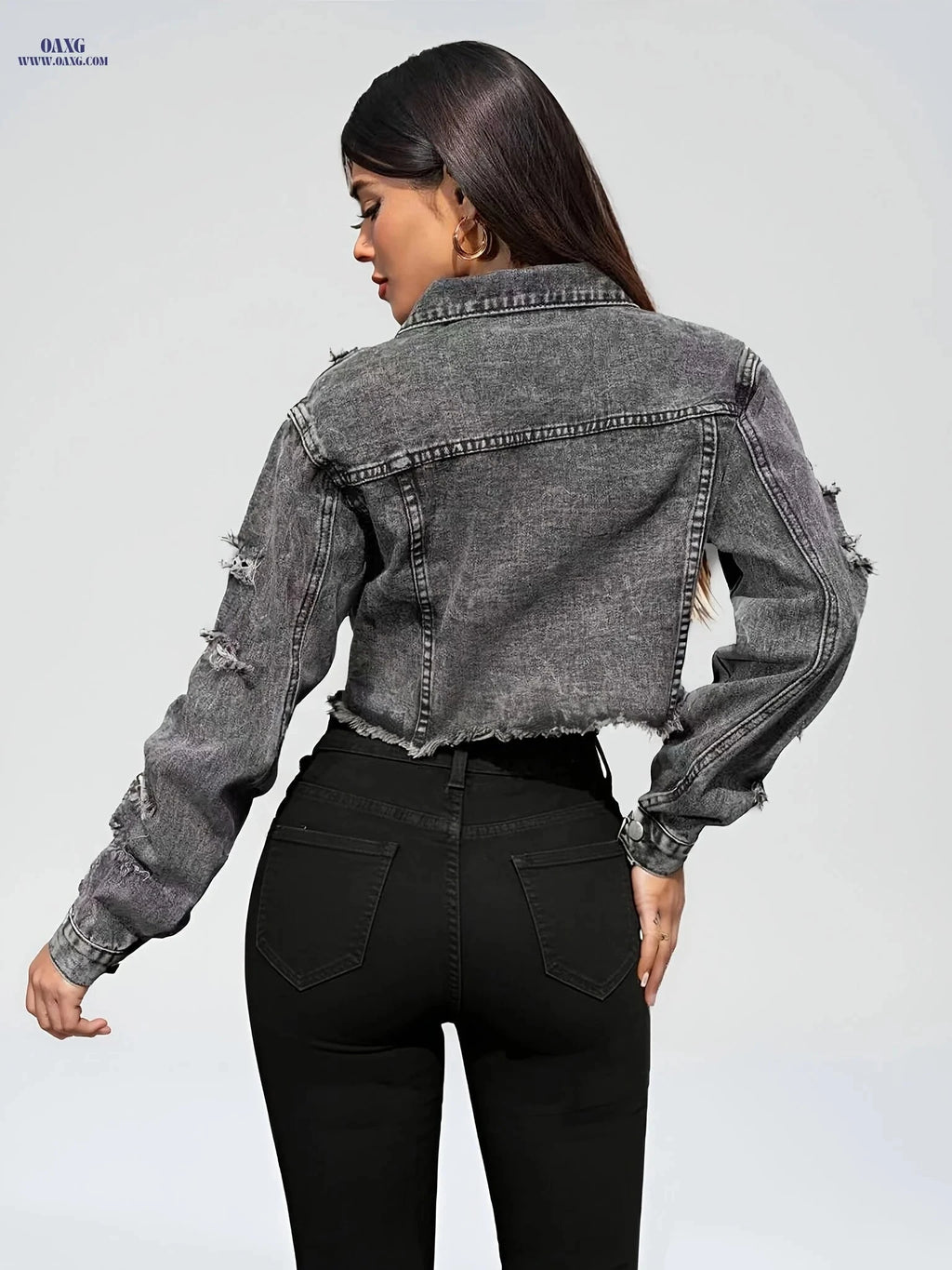 OAXG Women's Ripped Denim Jacket - Long Sleeve, Raw Hem Style   OAXG 