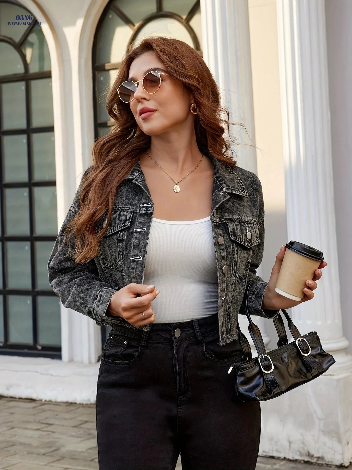 OAXG Women's Ripped Hem Denim Jacket - Stylish Short Sleeve Coat   OAXG 