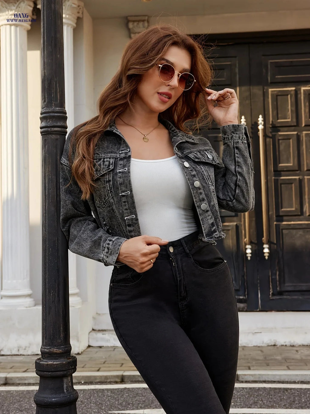 OAXG Women's Ripped Hem Denim Jacket - Stylish Short Sleeve Coat   OAXG 