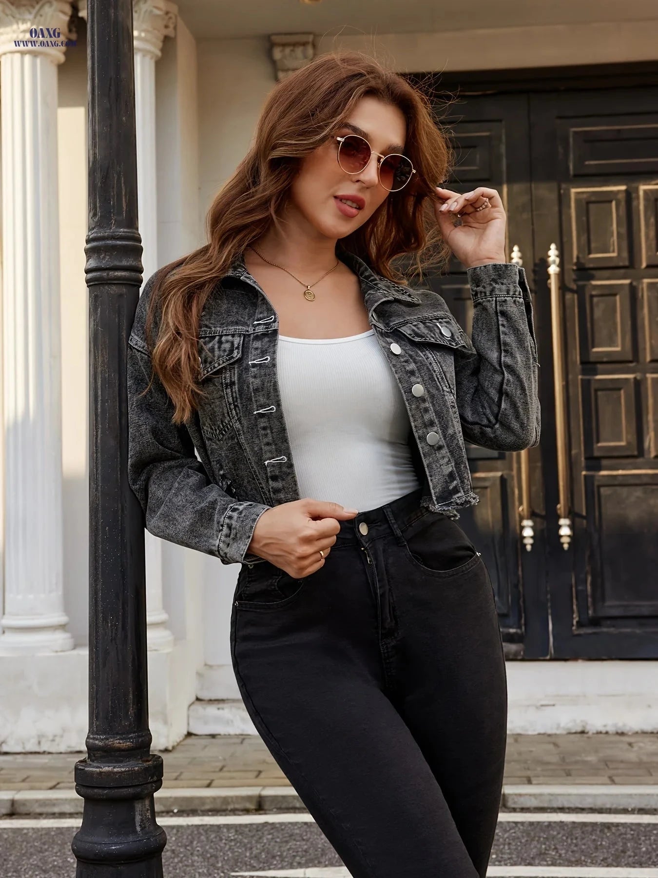 OAXG Women's Ripped Hem Denim Jacket - Stylish Short Sleeve Coat   OAXG 