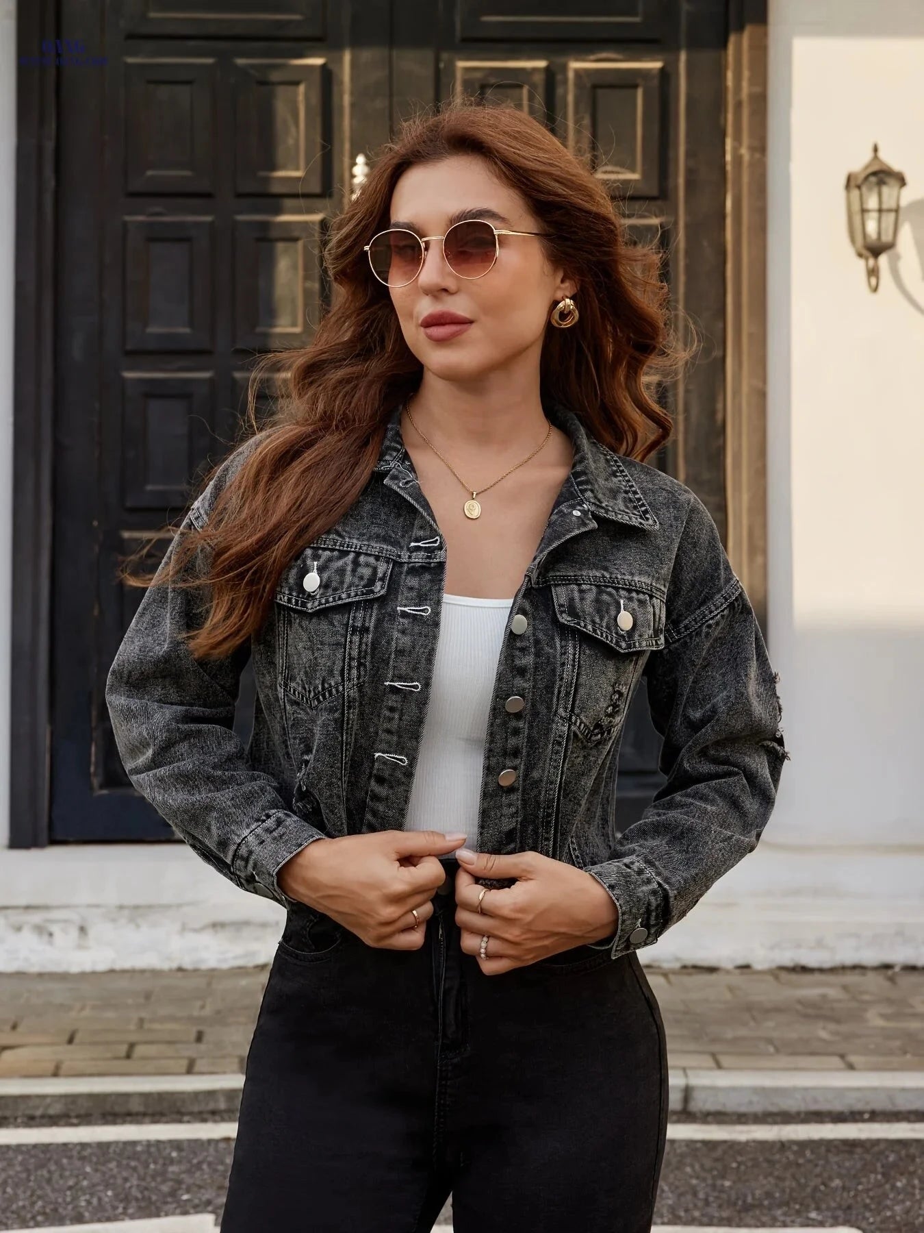 OAXG Women's Ripped Hem Denim Jacket - Stylish Short Sleeve Coat   OAXG 