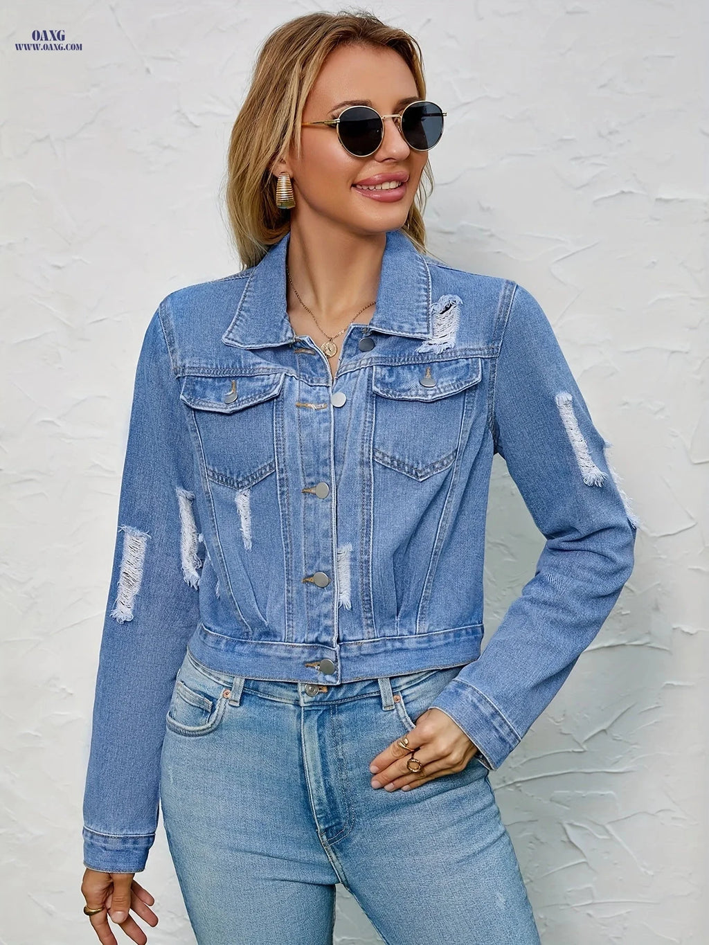 OAXG Women's Ripped Non-Stretch Denim Jacket - Casual Spring/Fall Style   OAXG 