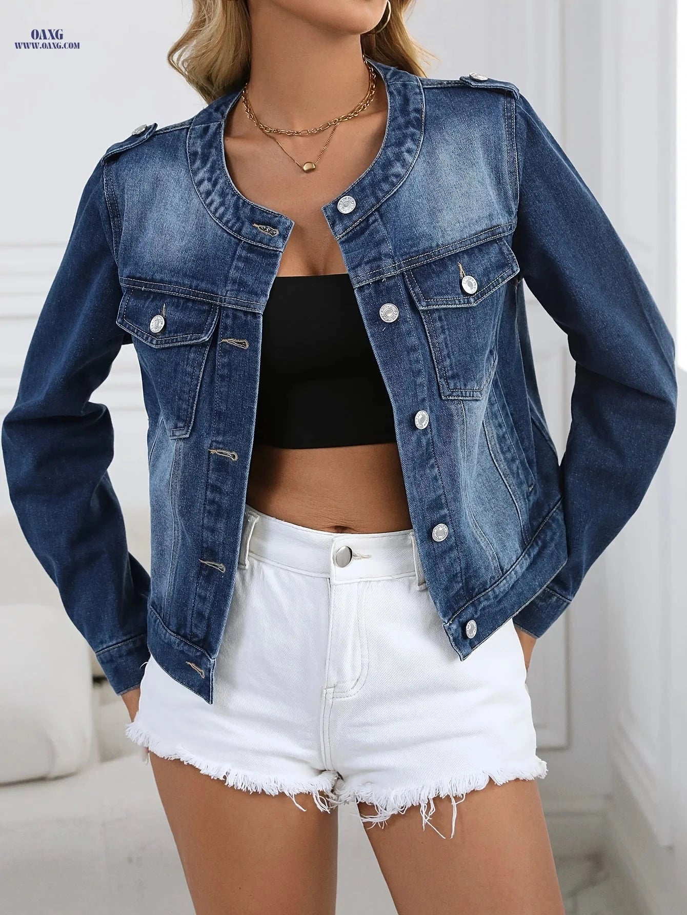 OAXG Women's Round Neck Denim Jacket - Elegant Long Sleeve Top   OAXG 