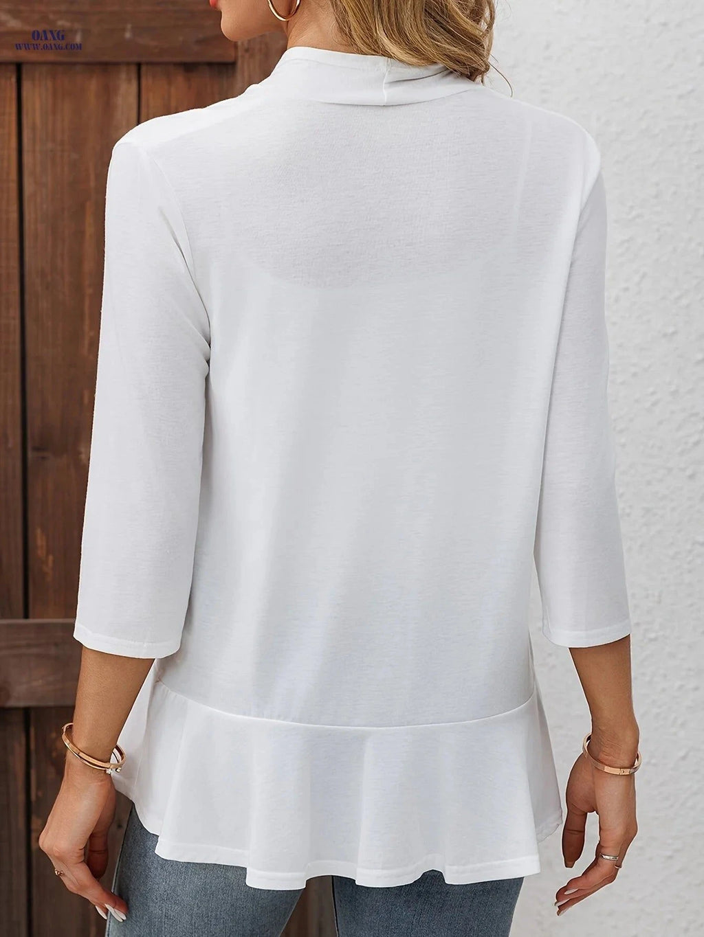 OAXG Women's Ruffle Hem Cardigan - Casual Three-Quarter Sleeve Style   OAXG White / S
