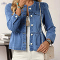 OAXG Women's Ruffle Hem Denim Jacket - Long Sleeve, Round Neck Style   OAXG 