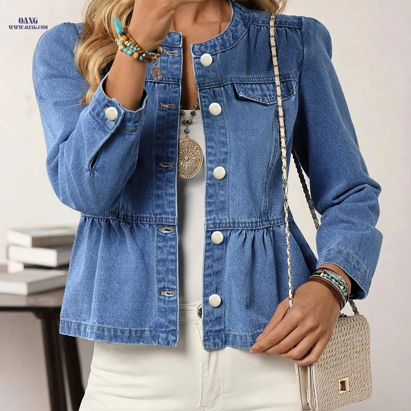 OAXG Women's Ruffle Hem Denim Jacket - Long Sleeve, Round Neck Style   OAXG 
