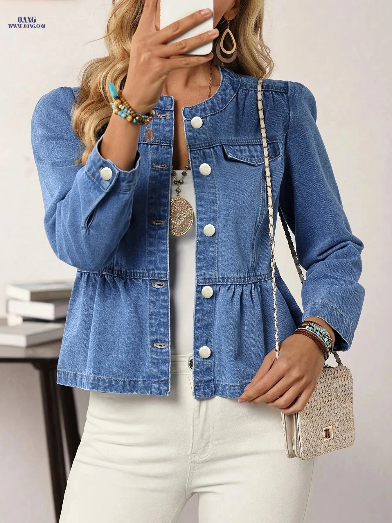 OAXG Women's Ruffle Hem Denim Jacket - Long Sleeve, Round Neck Style   OAXG 