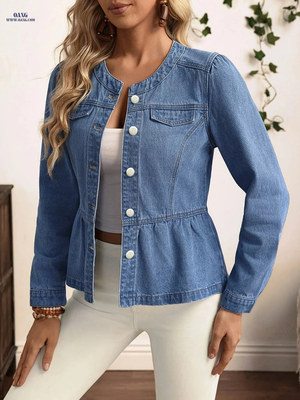 OAXG Women's Ruffle Hem Denim Jacket - Long Sleeve, Round Neck Style   OAXG 