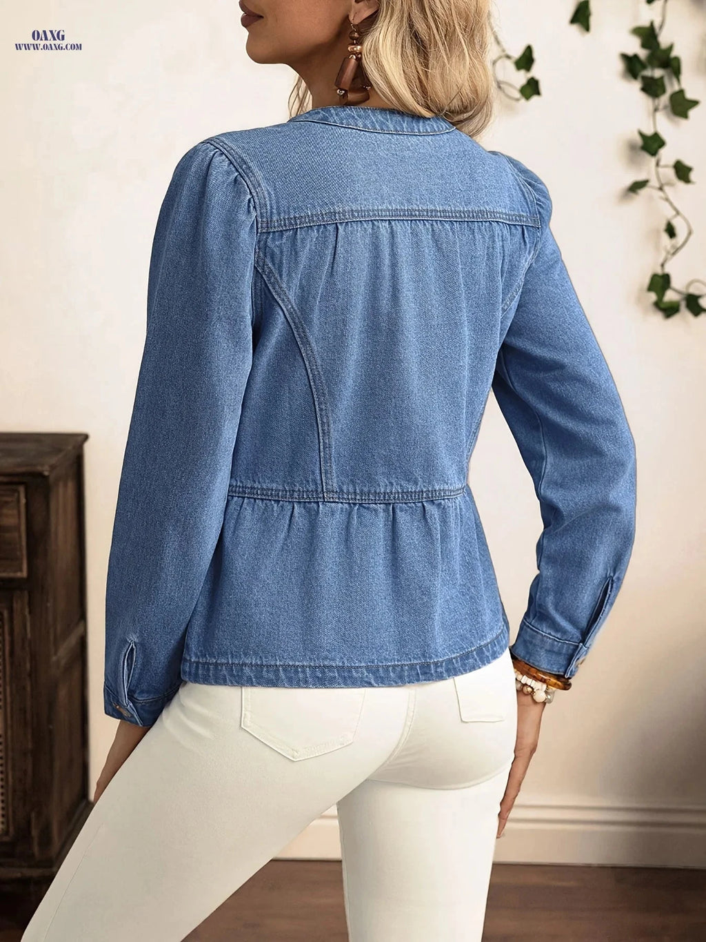 OAXG Women's Ruffle Hem Denim Jacket - Long Sleeve, Round Neck Style   OAXG 
