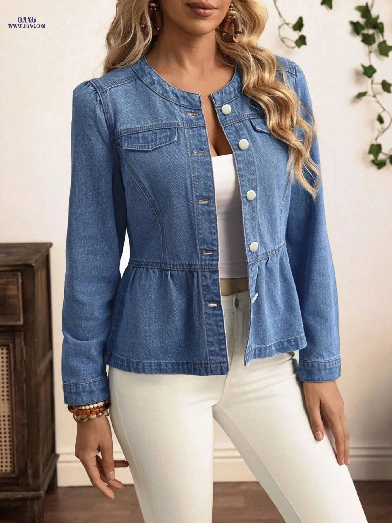 OAXG Women's Ruffle Hem Denim Jacket - Long Sleeve, Round Neck Style   OAXG 