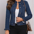 OAXG Women's Ruffle Sleeve Denim Jacket - Elegant Slim Fit Coat   OAXG 