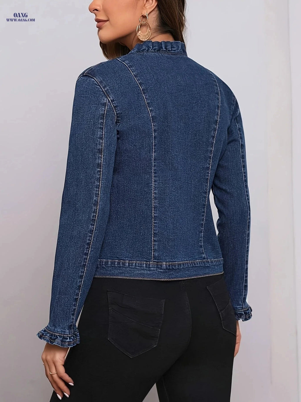 OAXG Women's Ruffle Sleeve Denim Jacket - Elegant Slim Fit Coat   OAXG 