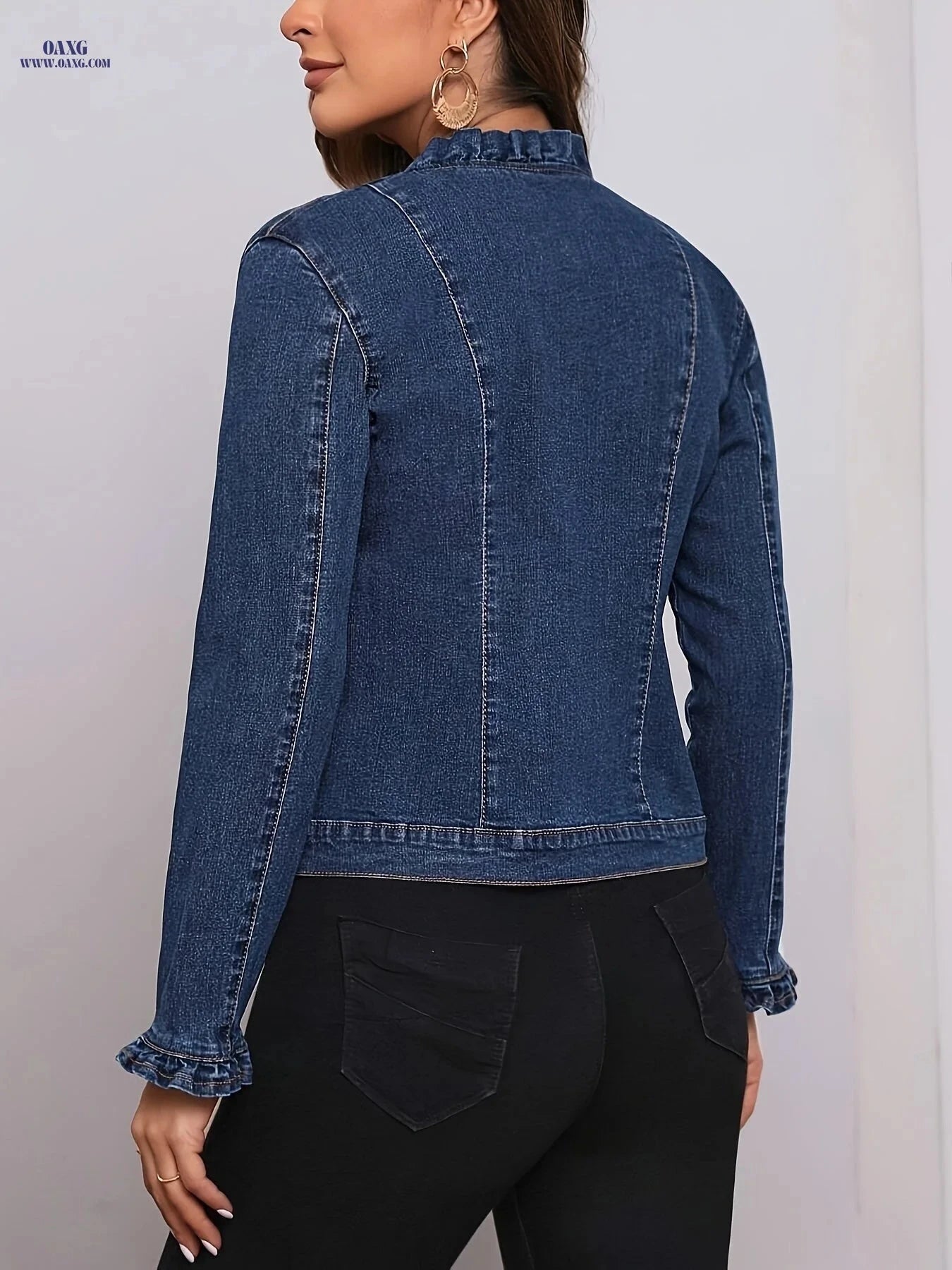 OAXG Women's Ruffle Sleeve Denim Jacket - Elegant Slim Fit Coat   OAXG 