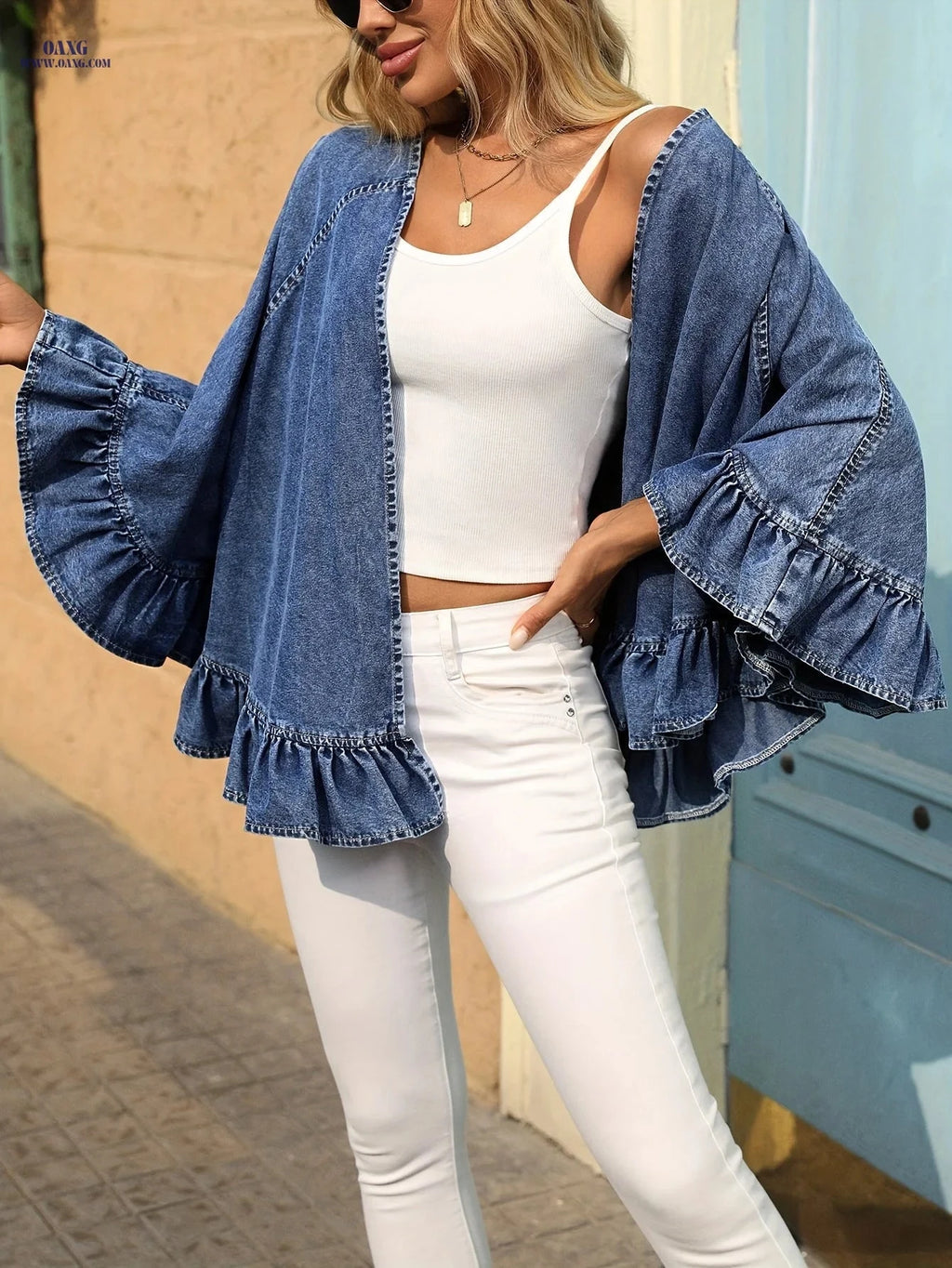 OAXG Women's Ruffled Denim Jacket - Lightweight Spring Outerwear   OAXG 