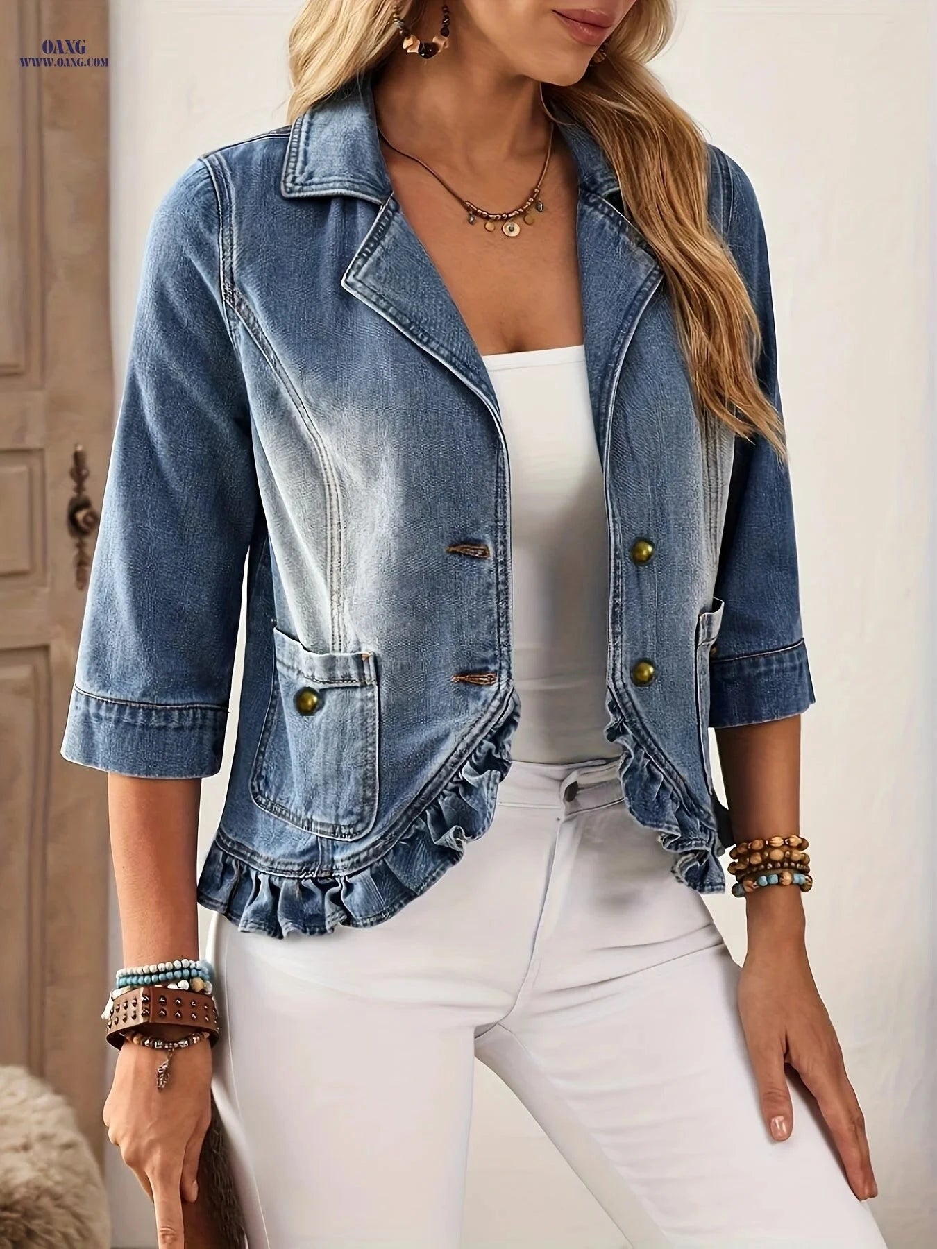 OAXG Women's Ruffled Hem Denim Jacket - Casual Lapel Collar Style   OAXG 
