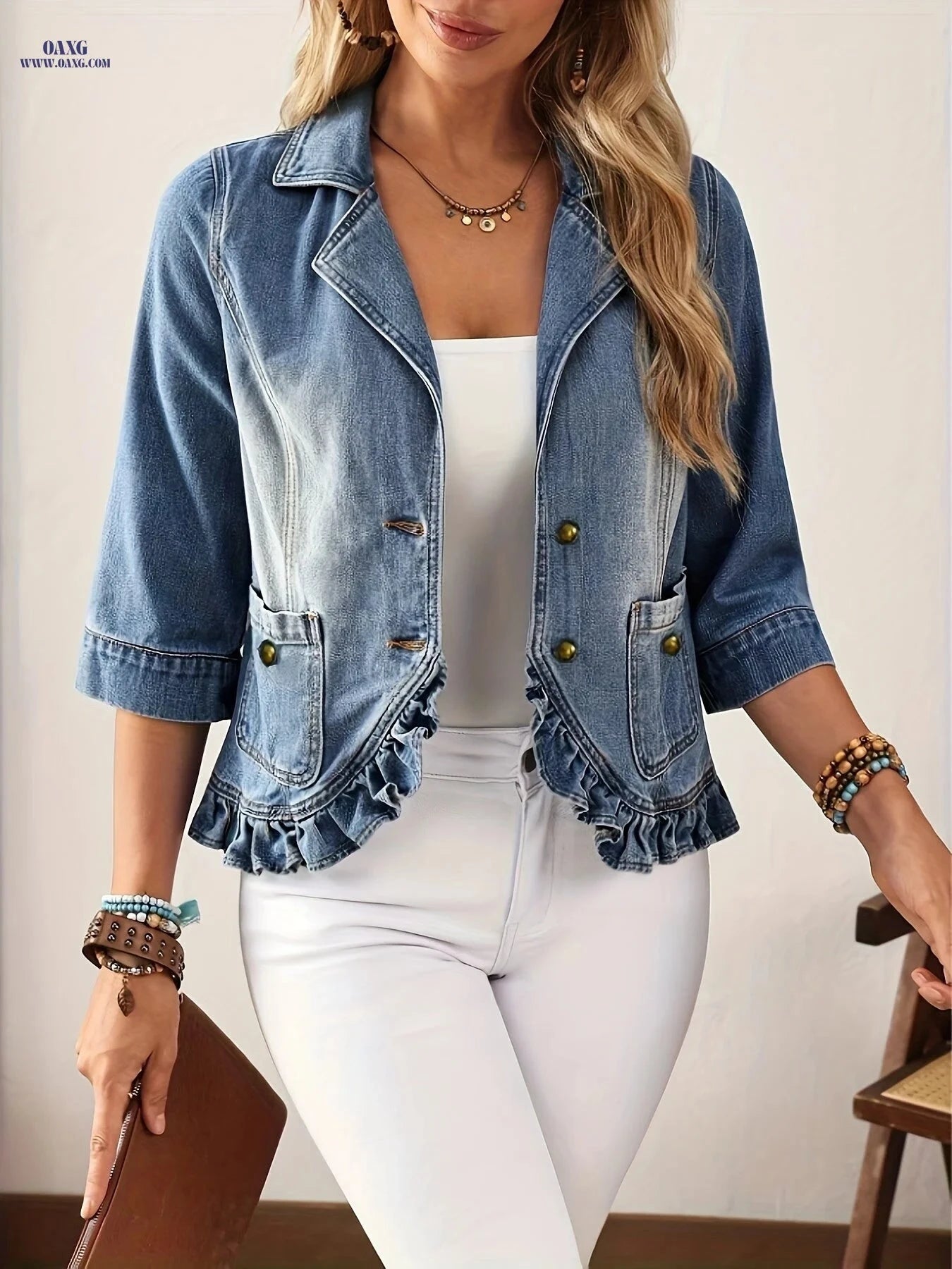OAXG Women's Ruffled Hem Denim Jacket - Casual Lapel Collar Style   OAXG 