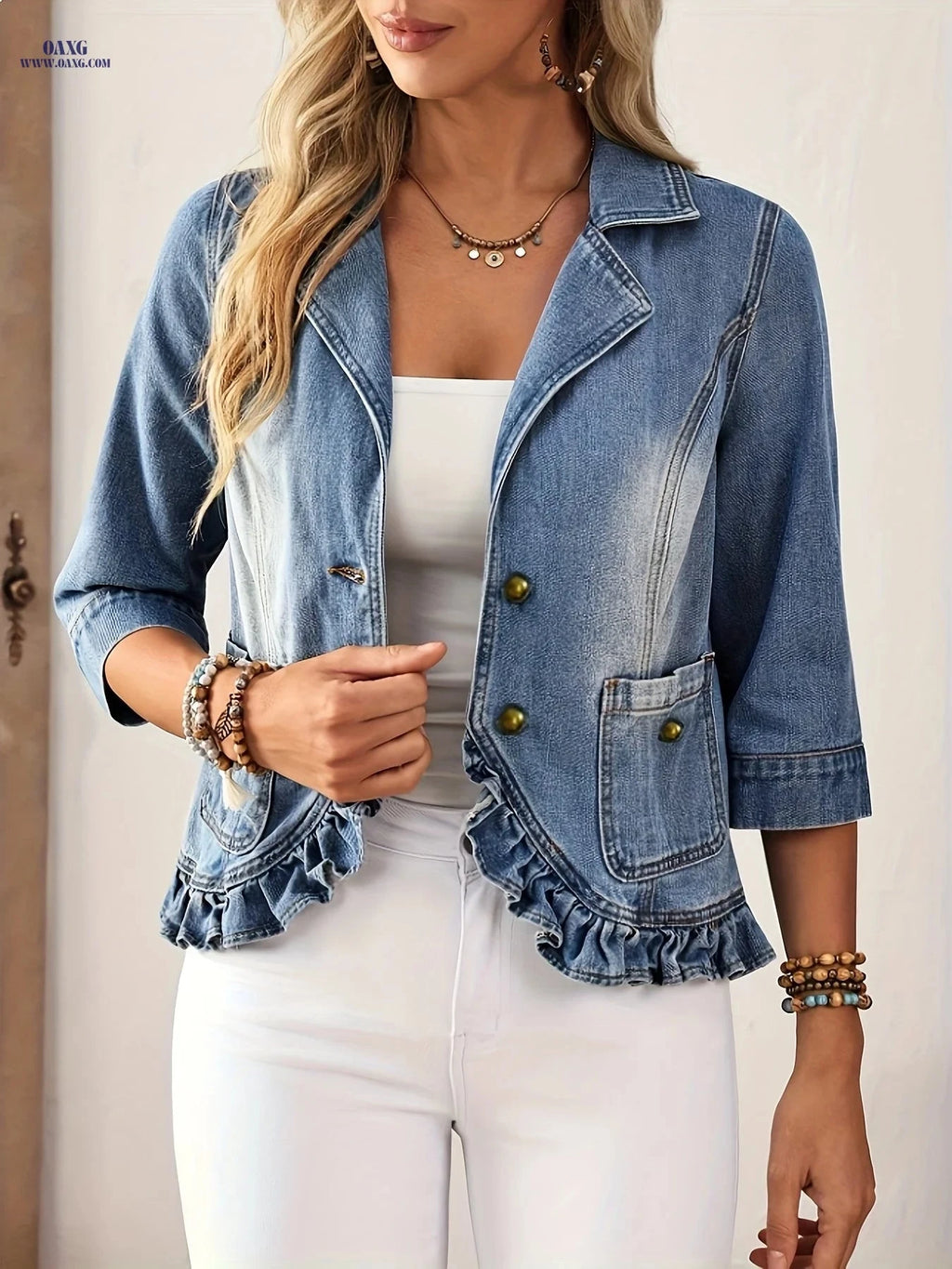 OAXG Women's Ruffled Hem Denim Jacket - Casual Lapel Collar Style   OAXG 