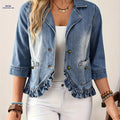 OAXG Women's Ruffled Hem Denim Jacket - Casual Lapel Collar Style   OAXG 