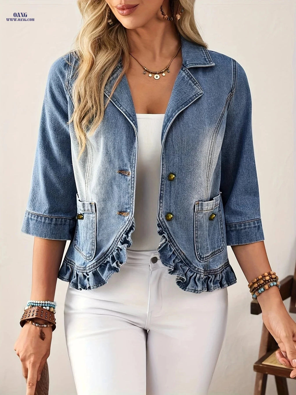 OAXG Women's Ruffled Hem Denim Jacket - Casual Lapel Collar Style   OAXG 