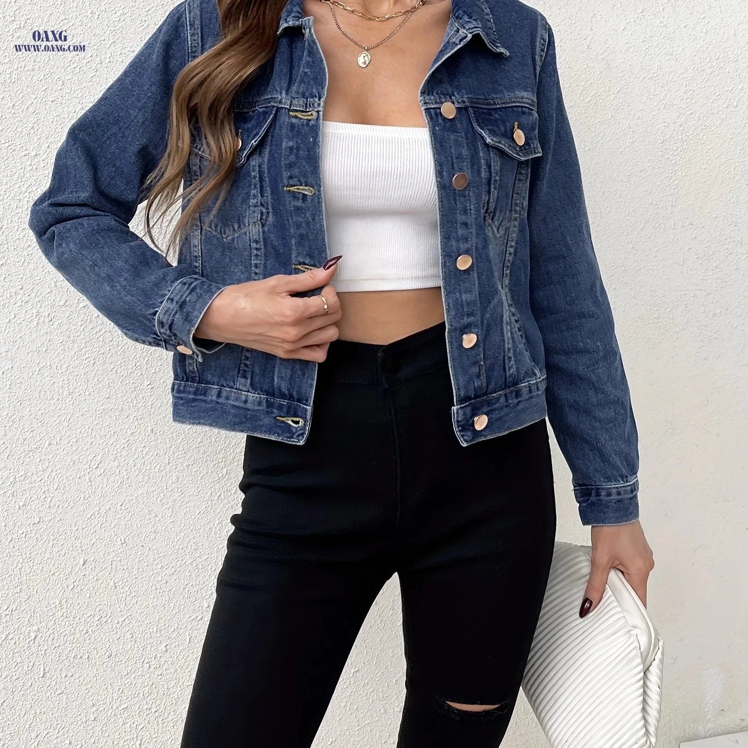 OAXG Women’s Short Denim Jacket - Casual Long Sleeve with Belt   OAXG 