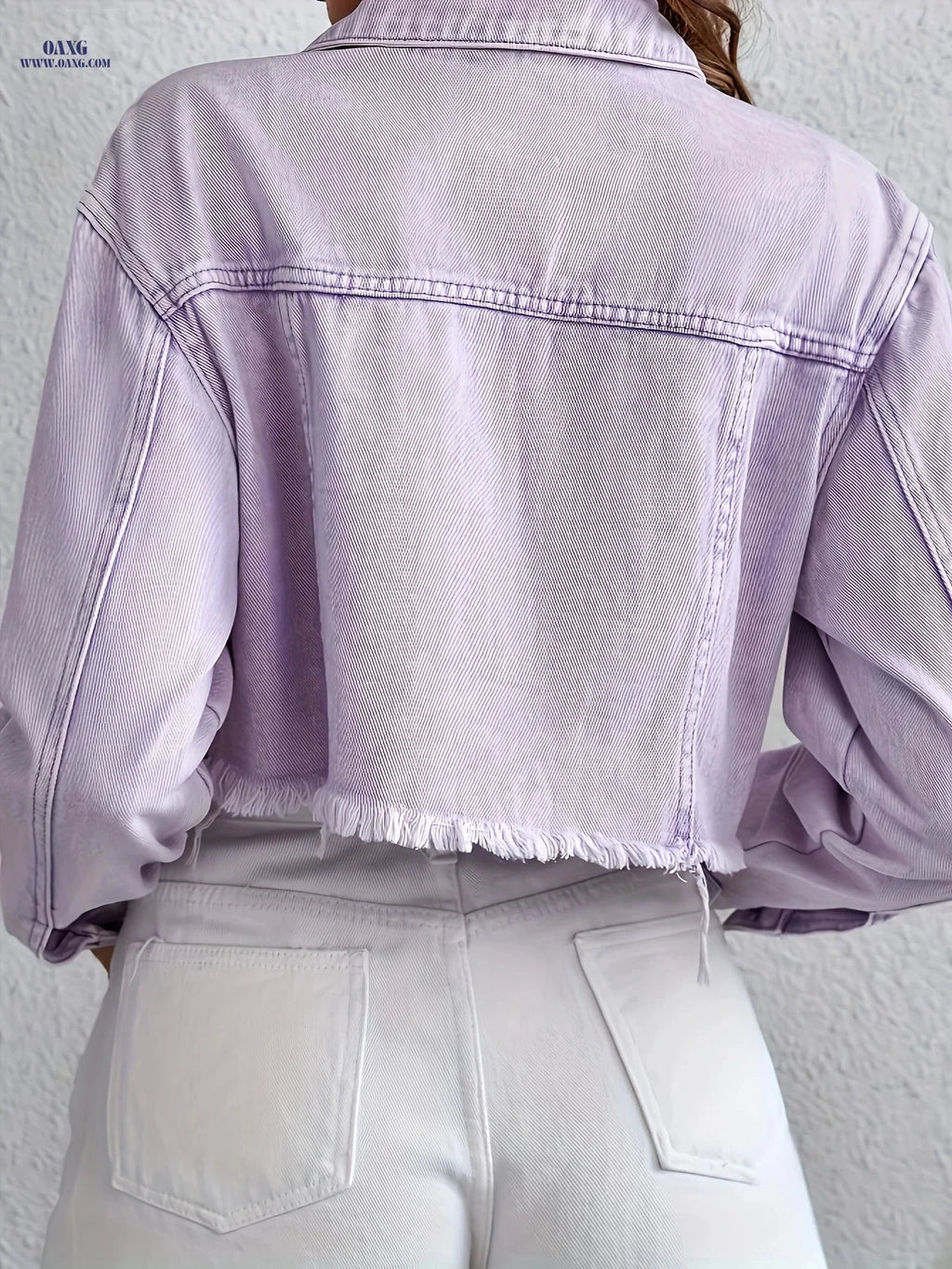 OAXG Women's Short Denim Jacket - Elegant Purple Fringe Style   OAXG 