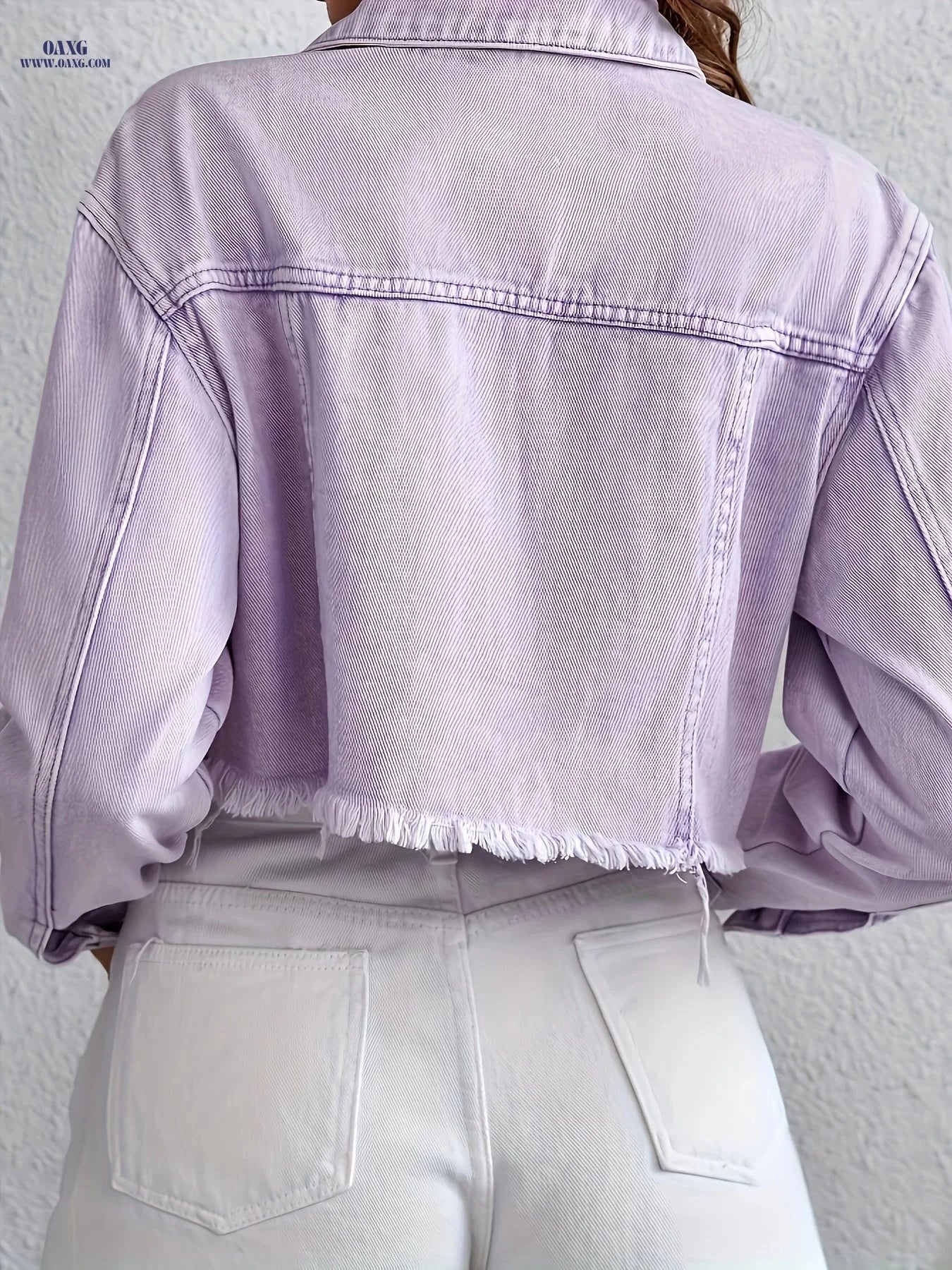 OAXG Women's Short Denim Jacket - Elegant Purple Fringe Style   OAXG 