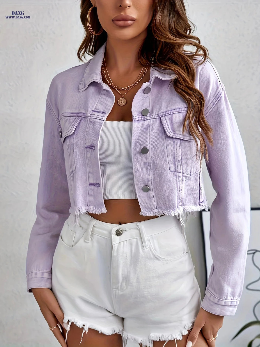 OAXG Women's Short Denim Jacket - Elegant Purple Fringe Style   OAXG 