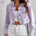OAXG Women's Short Denim Jacket - Elegant Purple Fringe Style   OAXG 