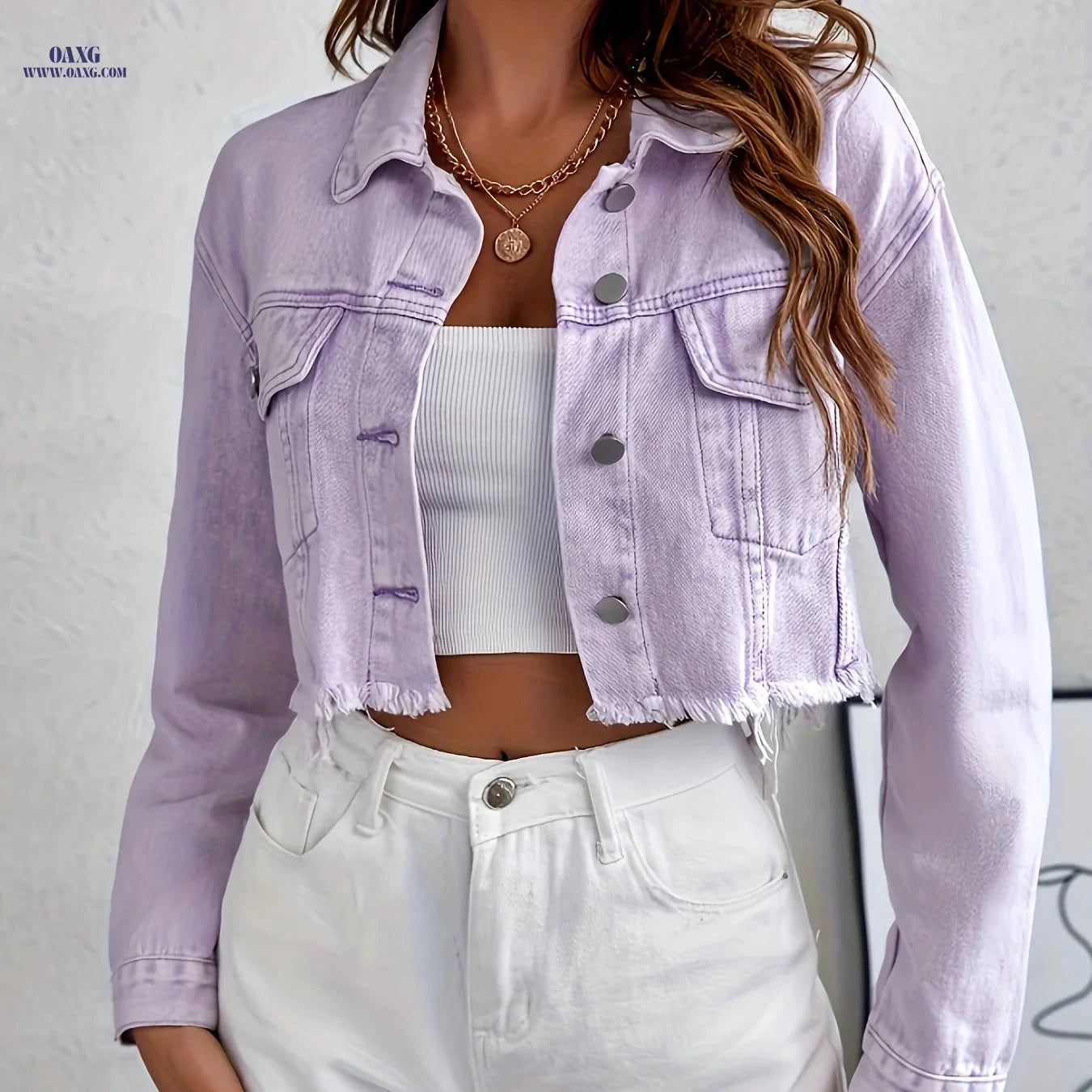 OAXG Women's Short Denim Jacket - Elegant Purple Fringe Style   OAXG 