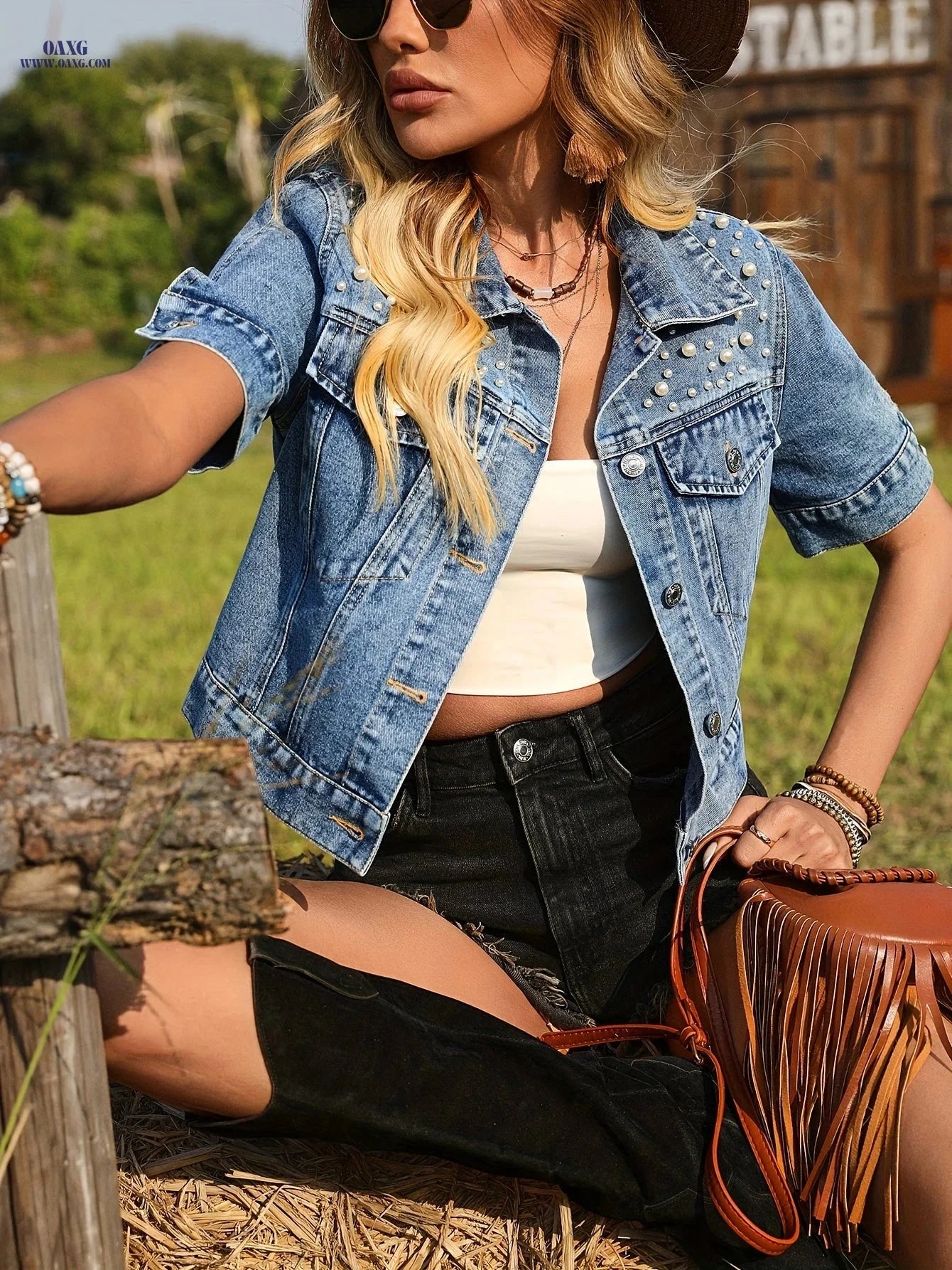 OAXG Women's Short Denim Jacket - Stylish Studded Design for Spring   OAXG 