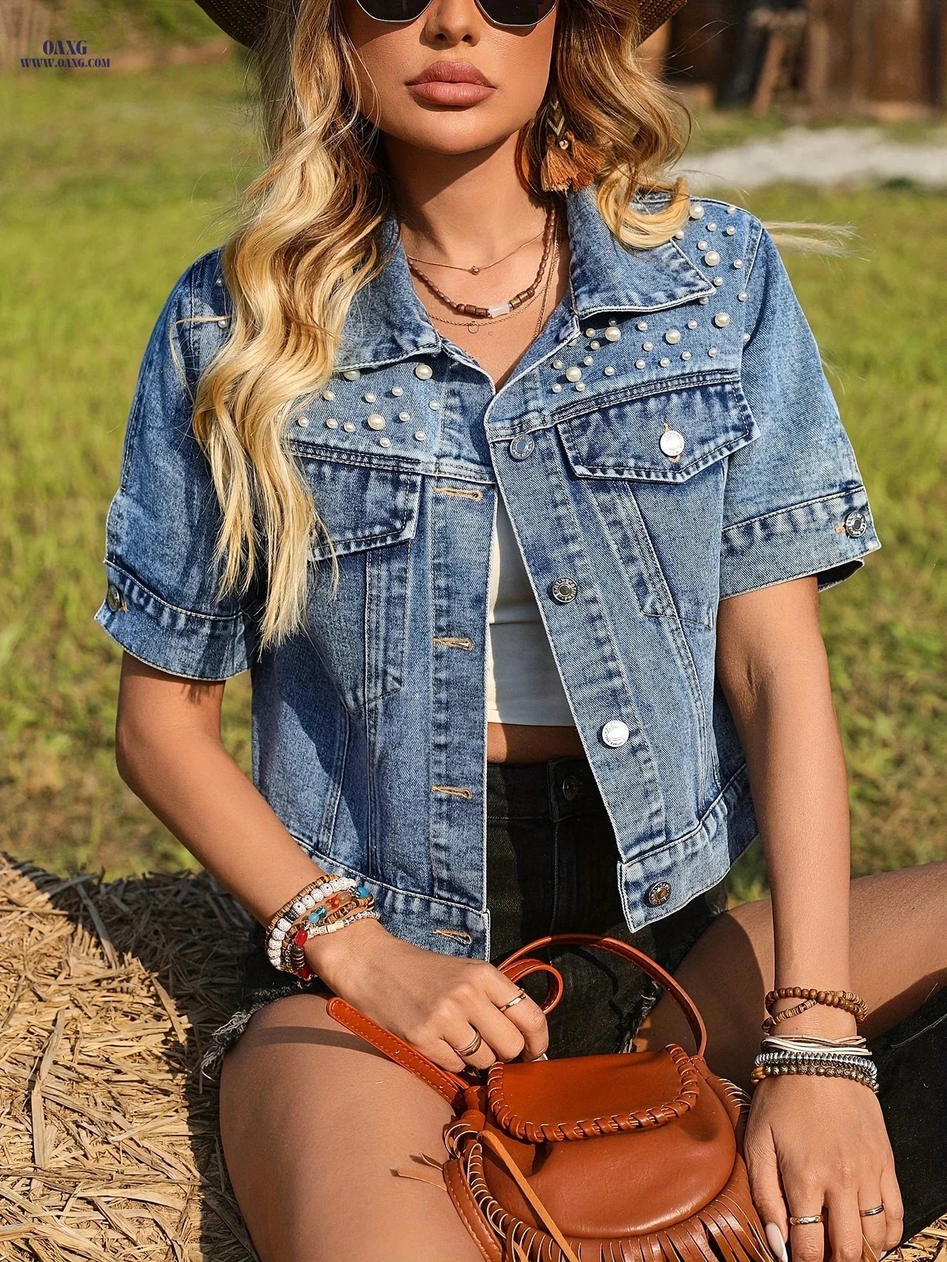 OAXG Women's Short Denim Jacket - Stylish Studded Design for Spring   OAXG 