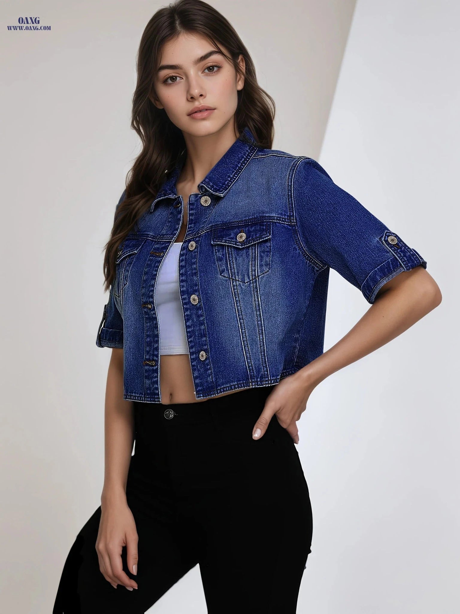 OAXG Women's Short Sleeve Denim Jacket - Fashionable Summer Essential   OAXG 