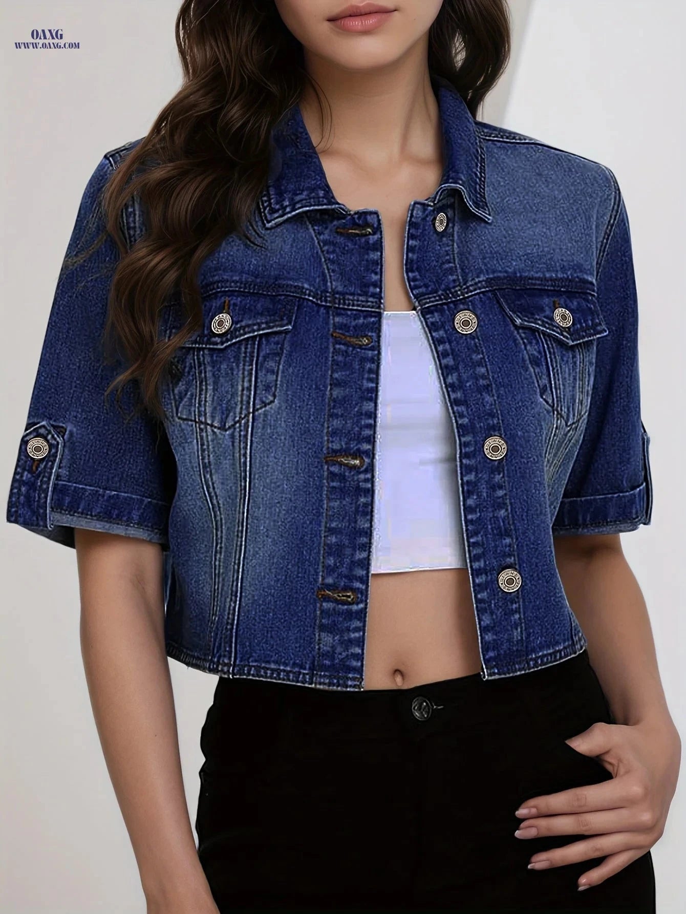 OAXG Women's Short Sleeve Denim Jacket - Fashionable Summer Essential   OAXG 