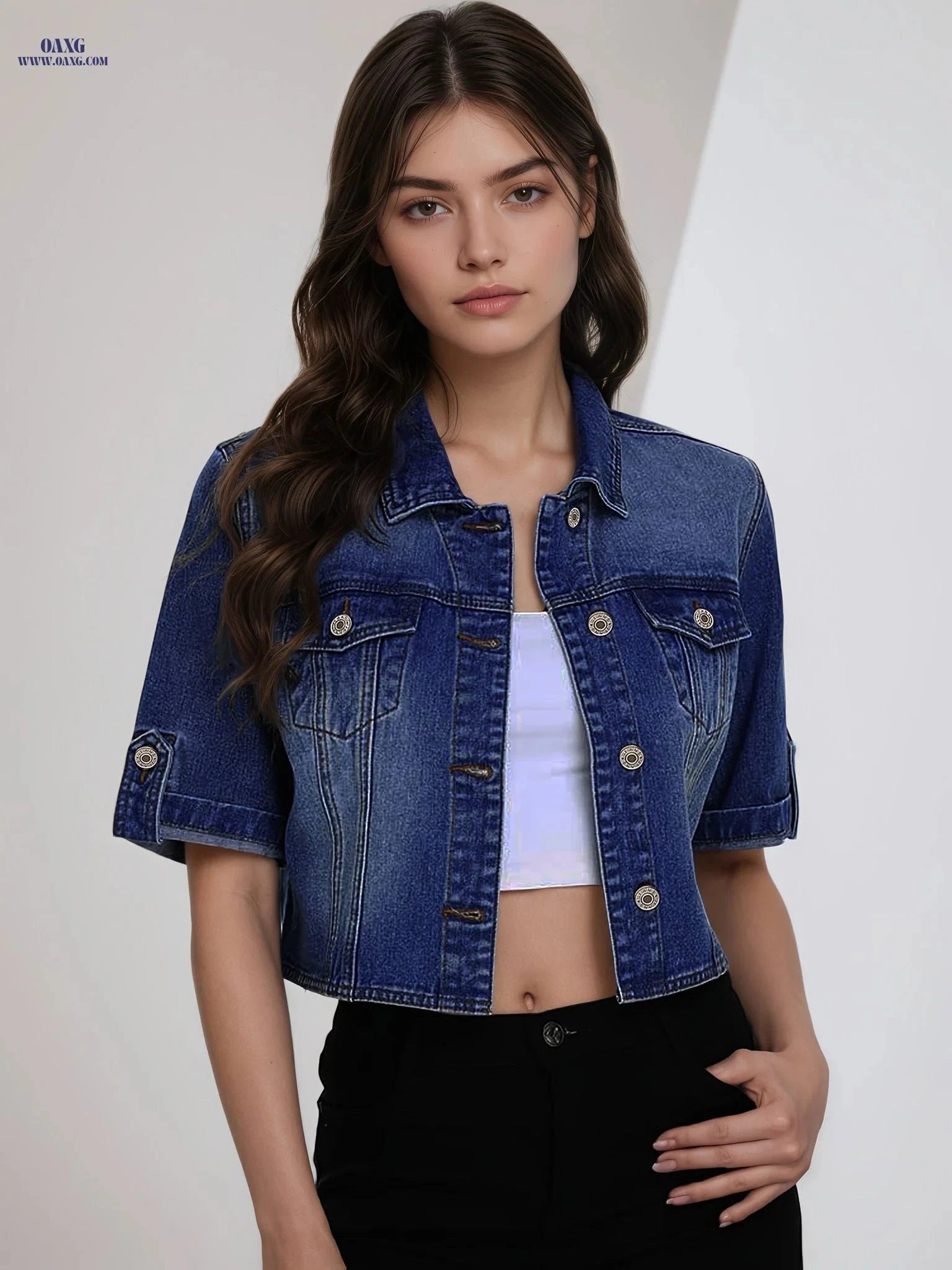 OAXG Women's Short Sleeve Denim Jacket - Fashionable Summer Essential   OAXG 