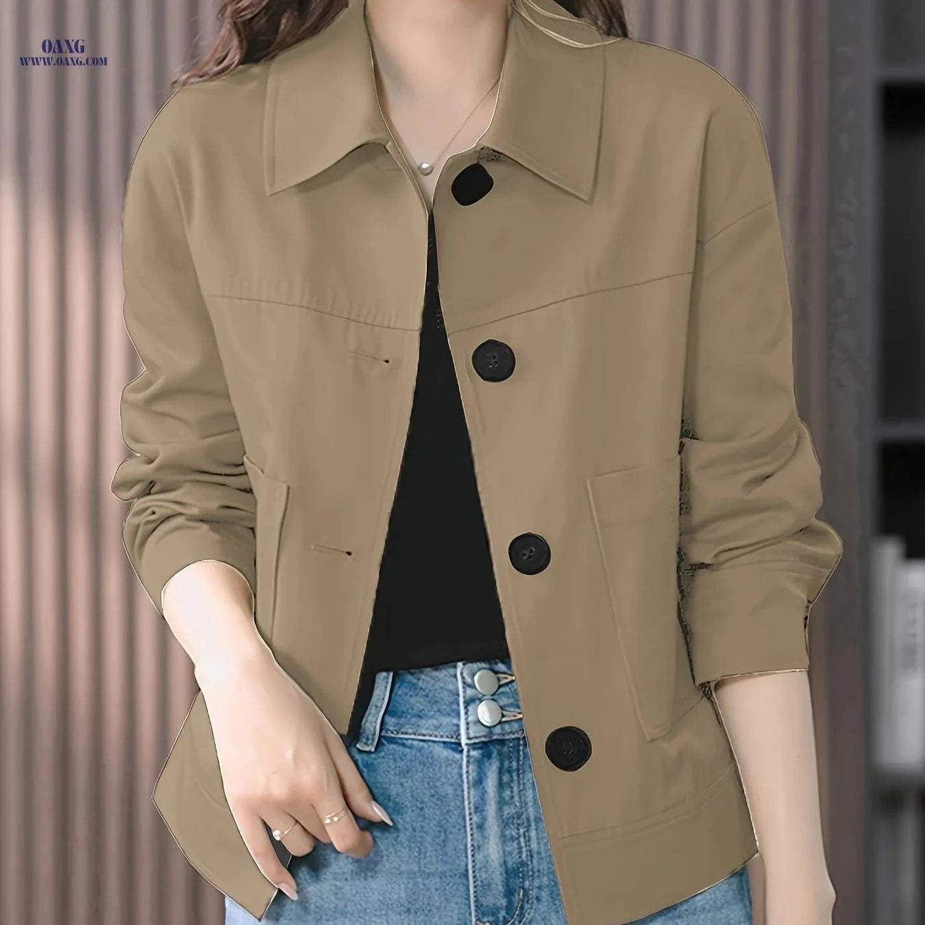 OAXG Women's Simple Fashion Jacket - Elegant Spring/Autumn Trench Coat   OAXG Black / S