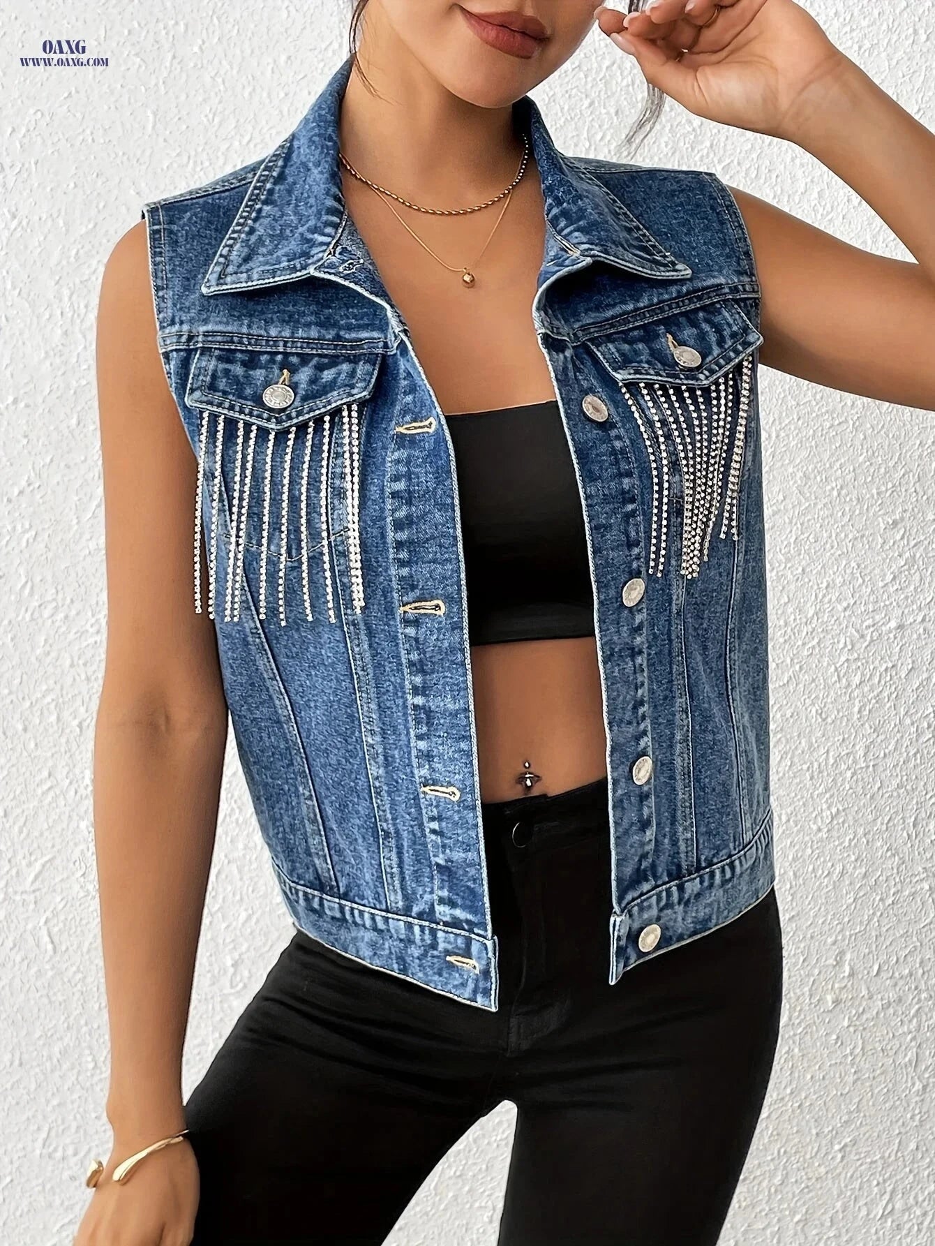 OAXG Women's Sleeveless Denim Vest - Elegant Loose Fringe Design   OAXG 