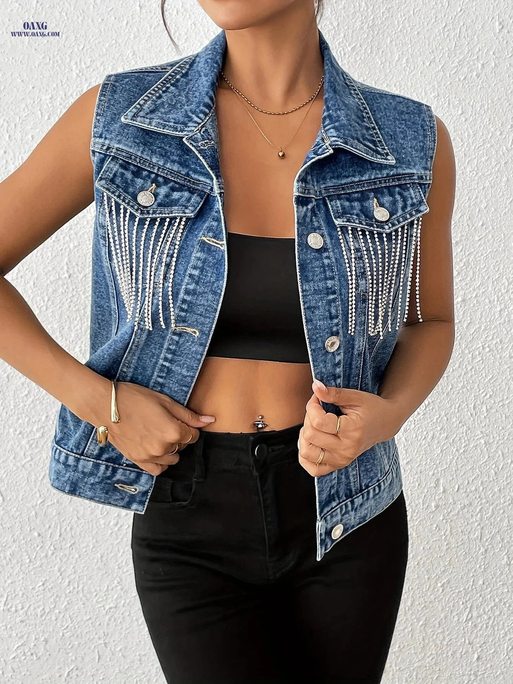 OAXG Women's Sleeveless Denim Vest - Elegant Loose Fringe Design   OAXG 