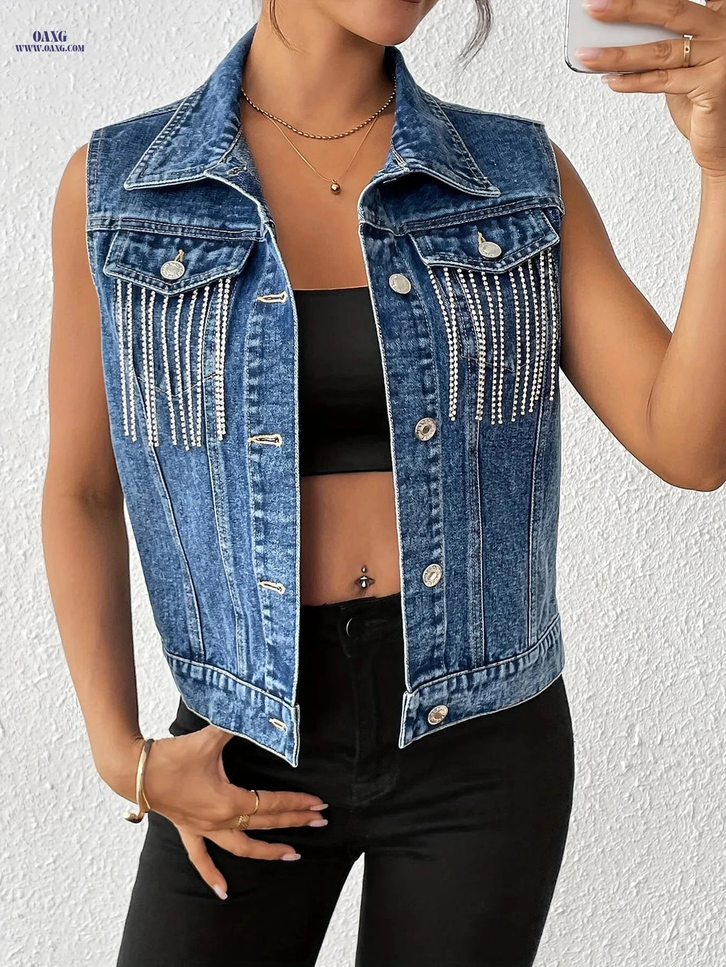 OAXG Women's Sleeveless Denim Vest - Elegant Loose Fringe Design   OAXG 