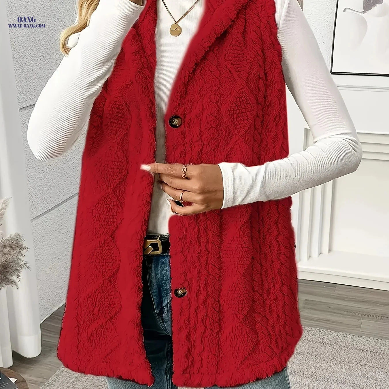 OAXG Women's Sleeveless Plush Coat - Elegant Solid Color Design   OAXG 