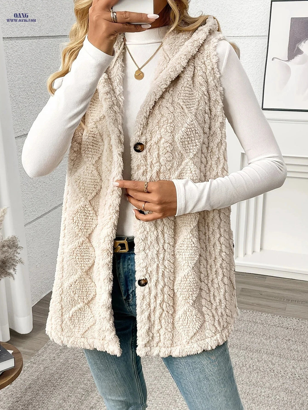 OAXG Women's Sleeveless Plush Coat - Elegant Solid Color Design   OAXG 