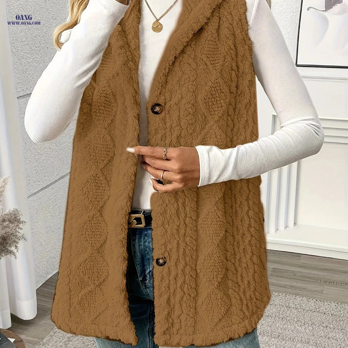 OAXG Women's Sleeveless Plush Coat - Elegant Solid Color Design   OAXG 